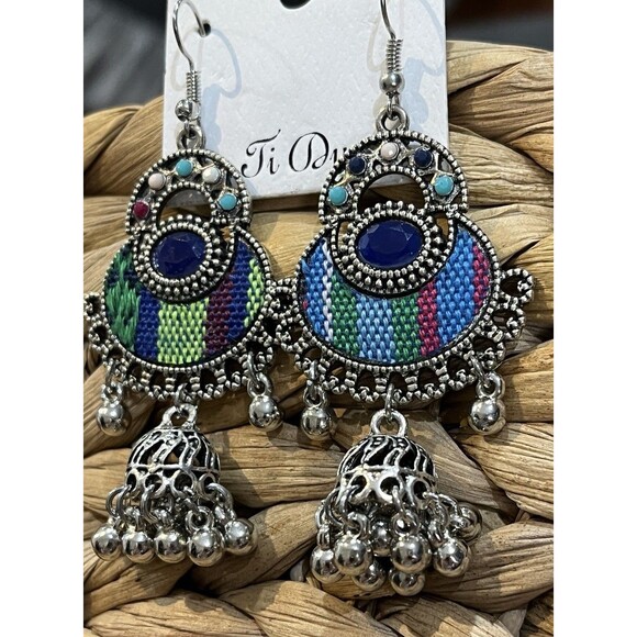 Oxidized Silver Jhumka Earrings W/ Fabric Inlay Ethnic Indian Dangle Earring - Picture 3 of 6